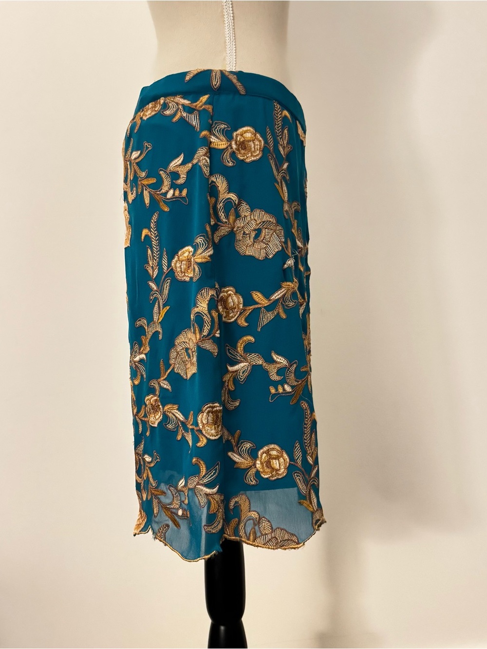 Yoana Baraschi Teal Skirt with Gold Floral Embroidery Size 6 - Picture 13 of 14